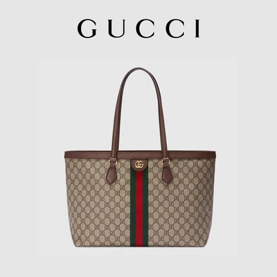 หนังแต่งขอบผ้าใบ Gucci Ophidia Tote White Medium GG ผู้หญิง