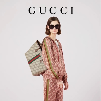 หนังแต่งขอบผ้าใบ Gucci Ophidia Tote White Medium GG ผู้หญิง