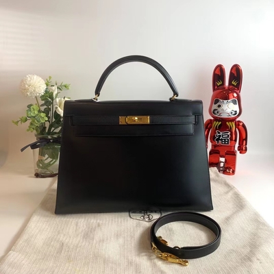 HermèS Kelly 32 Preloved Branded Bag Black Epsom Sellier Gold Hardware Box Black