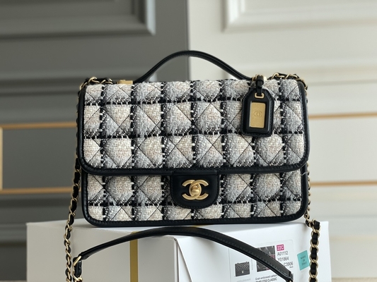 Classic 2WAY Chanel Medium Flap Bag Messenger Black White Plaid Wool.