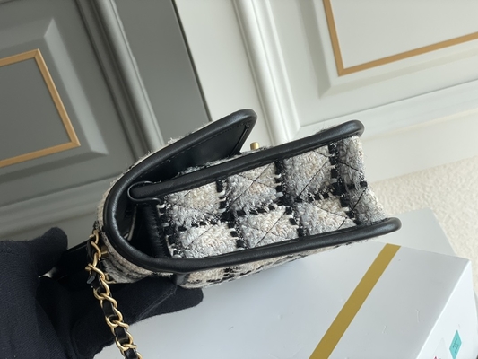 Classic 2WAY Chanel Medium Flap Bag Messenger Black White Plaid Wool.