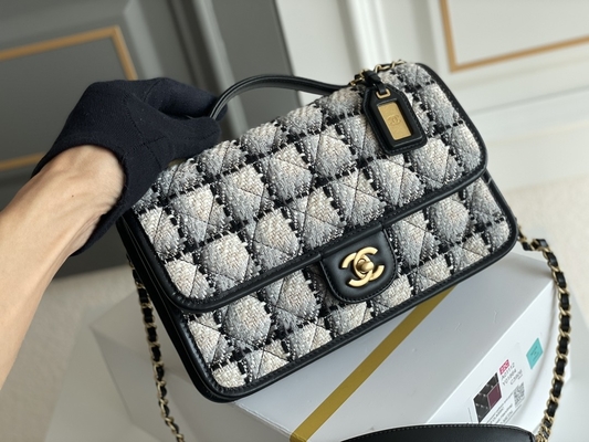 Classic 2WAY Chanel Medium Flap Bag Messenger Black White Plaid Wool.