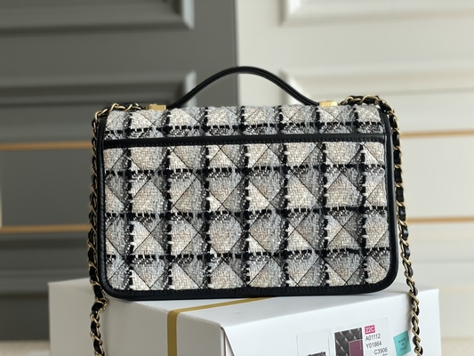 Classic 2WAY Chanel Medium Flap Bag Messenger Black White Plaid Wool.