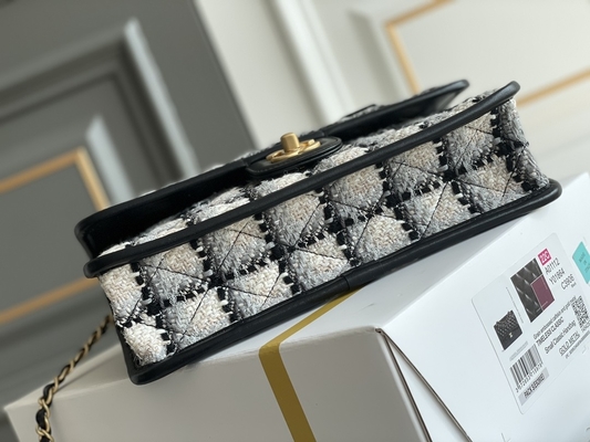 Classic 2WAY Chanel Medium Flap Bag Messenger Black White Plaid Wool.