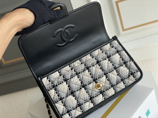 Classic 2WAY Chanel Medium Flap Bag Messenger Black White Plaid Wool.