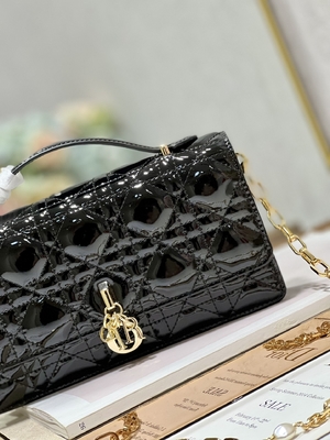 Branded Lady Dior Patent Clutch Small Pearl Black Flip Closure