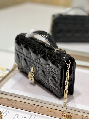 Branded Lady Dior Patent Clutch Small Pearl Black Flip Closure