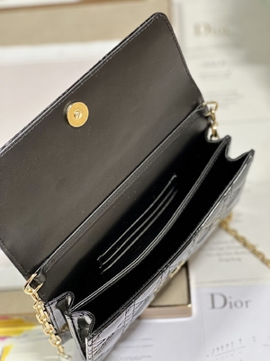 Branded Lady Dior Patent Clutch Small Pearl Black Flip Closure