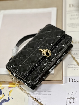 Branded Lady Dior Patent Clutch Small Pearl Black Flip Closure