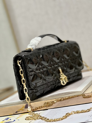 Branded Lady Dior Patent Clutch Small Pearl Black Flip Closure