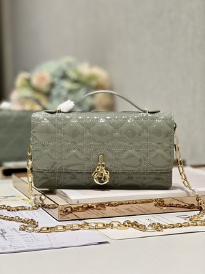 Branded Lady Dior Patent Clutch Small Pearl Black Flip Closure