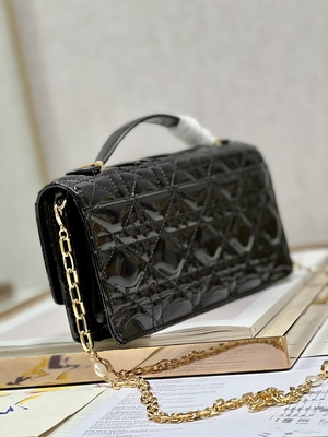 Branded Lady Dior Patent Clutch Small Pearl Black Flip Closure