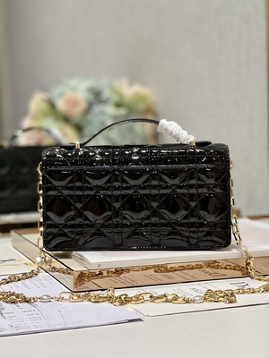 Branded Lady Dior Patent Clutch Small Pearl Black Flip Closure