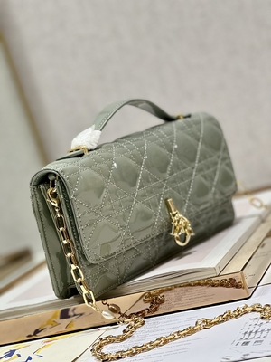 Branded Lady Dior Patent Clutch Small Pearl Black Flip Closure