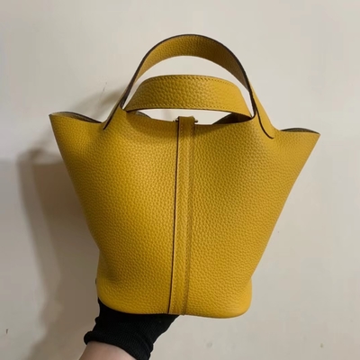 กระเป๋าถือสุภาพสตรี Hermes Branded Jaune Ambre Picotin Lock PM Clemence Leather Soleil