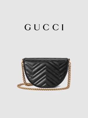สายโซ่กระเป๋า Messenger หนังสีดำแบรนด์ GG Marmont Tote Bag Quilted Matelasse