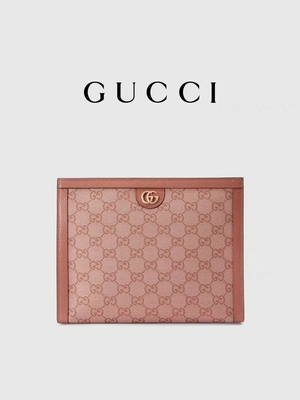 กระเป๋าคลัช Ophidia Gucci หนังแคนวาสสีชมพูขนาดเล็กพร้อมซิปปิด