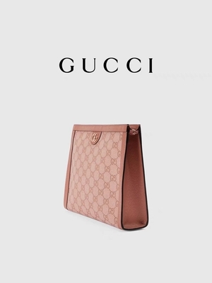 กระเป๋าคลัช Ophidia Gucci หนังแคนวาสสีชมพูขนาดเล็กพร้อมซิปปิด