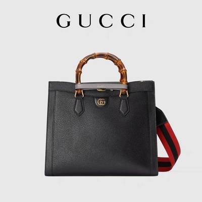 กระเป๋าหนังสีดำขนาดกลาง Princess Diana Gucci กระเป๋าถือไม้ไผ่
