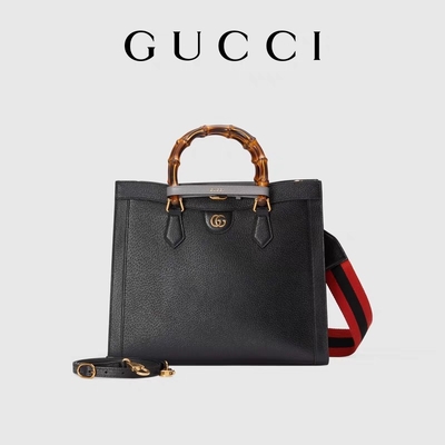 กระเป๋าหนังสีดำขนาดกลาง Princess Diana Gucci กระเป๋าถือไม้ไผ่