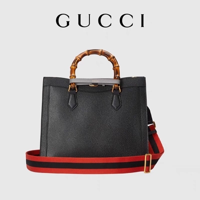 กระเป๋าหนังสีดำขนาดกลาง Princess Diana Gucci กระเป๋าถือไม้ไผ่