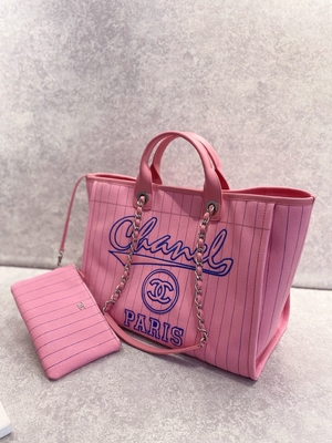 30cm 23P กระเป๋าโท้ท Chanel Deauville สีขาว Ecru Black Stripe