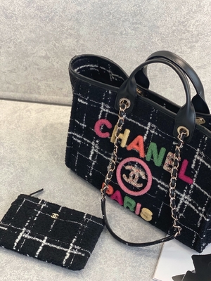 Chanel 2022 Sotheby's Custom Branded Bags Tweed Beach Bag FW Rainbow Tote